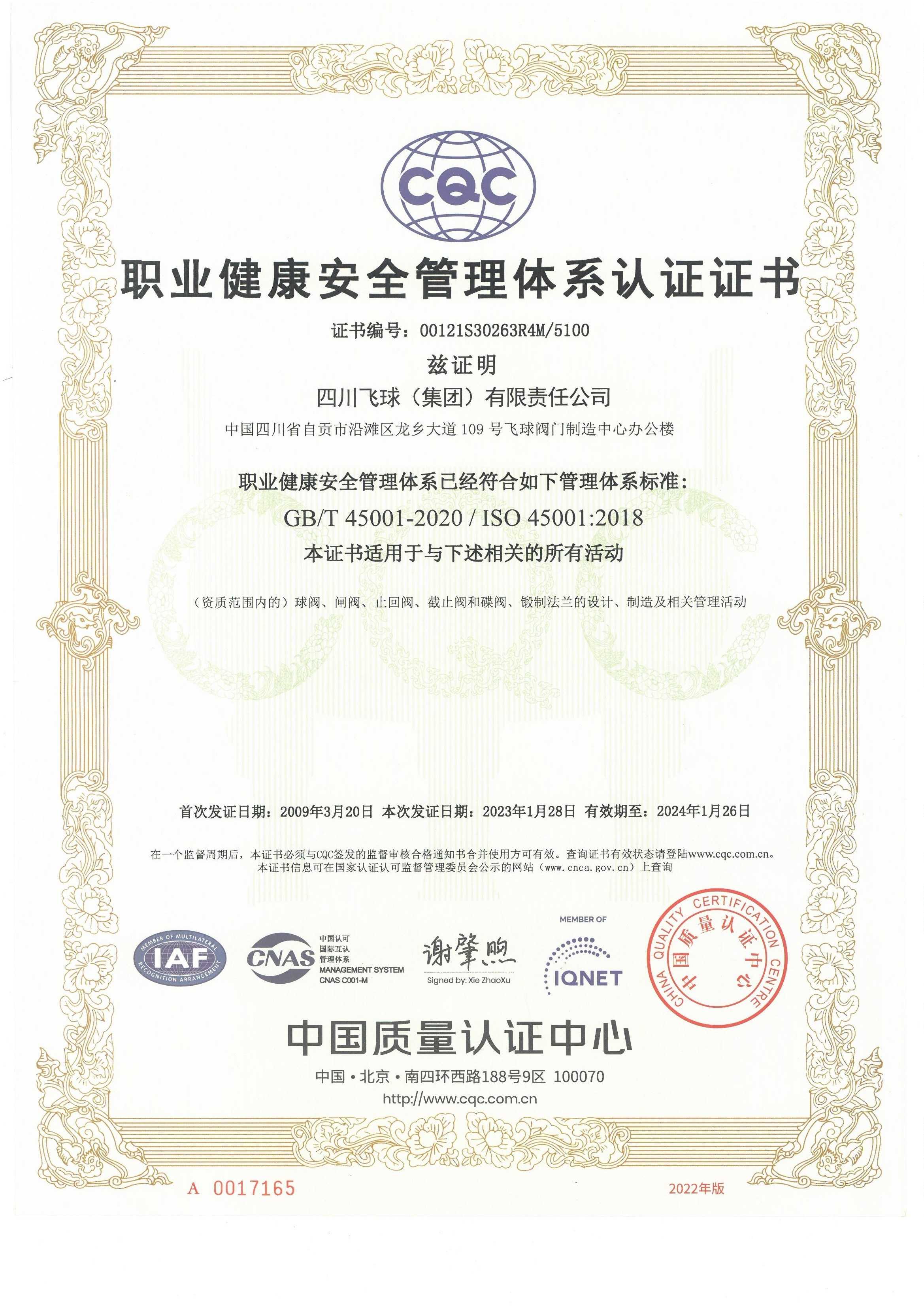 職業(yè)健康安全管理體系證書(shū)